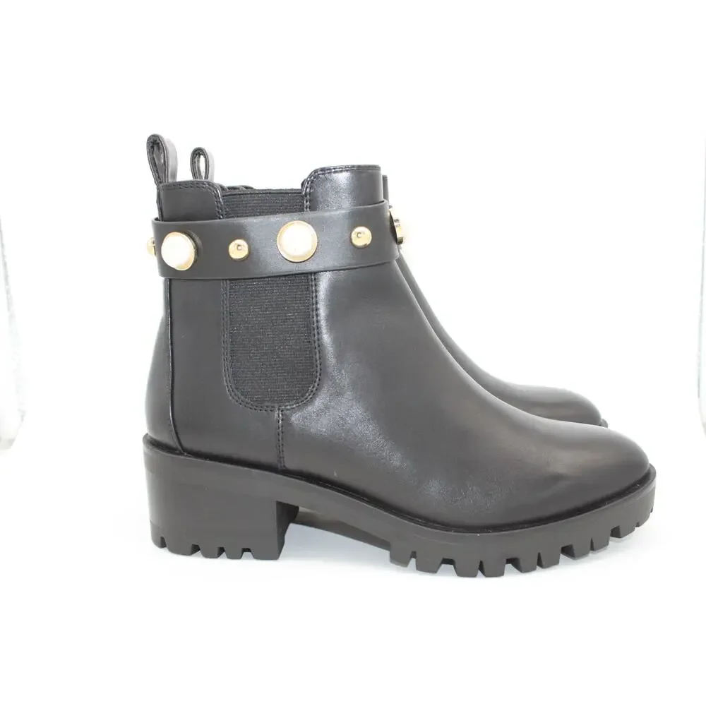 NWT Karl Lagerfeld Paris Pola Black Smooth Calf Lea Gold Pearl Boots Size 7.5M - Picture 7 of 13